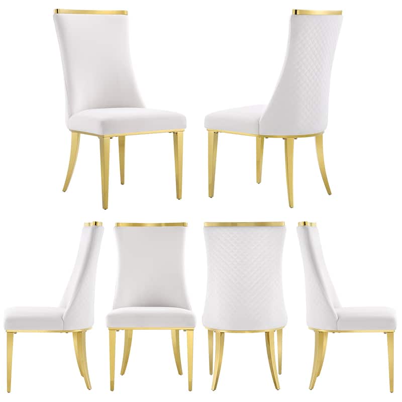 Luxurious White Velvet Upholstered Dining Chairs with Reticulate Texture Back and Polished Gold Metal Legs - Set of 6