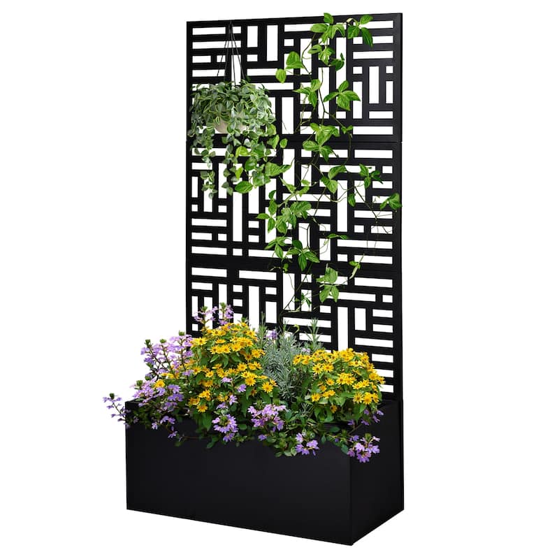 2-in-1 Black Metal Garden Planter Box with Trellis for Climbing Plants Flowers Vegetables or Patio - (35.8 x 16.1 x 70.5) in