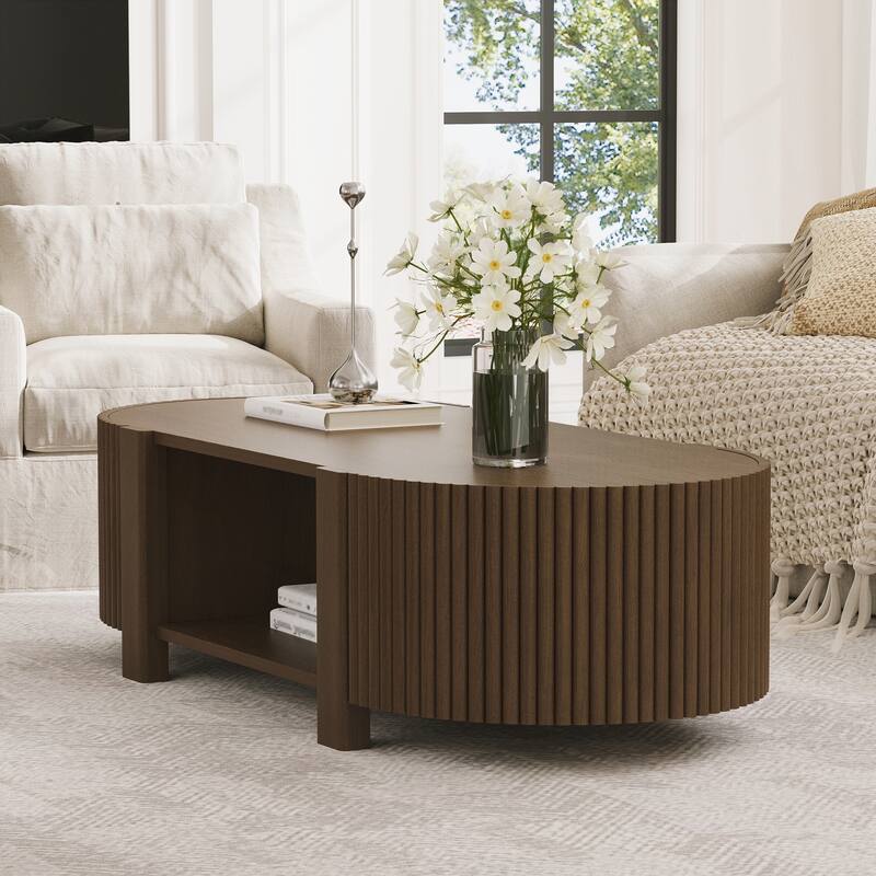 Oval Fluted Coffee Table with Storage for Living Room
