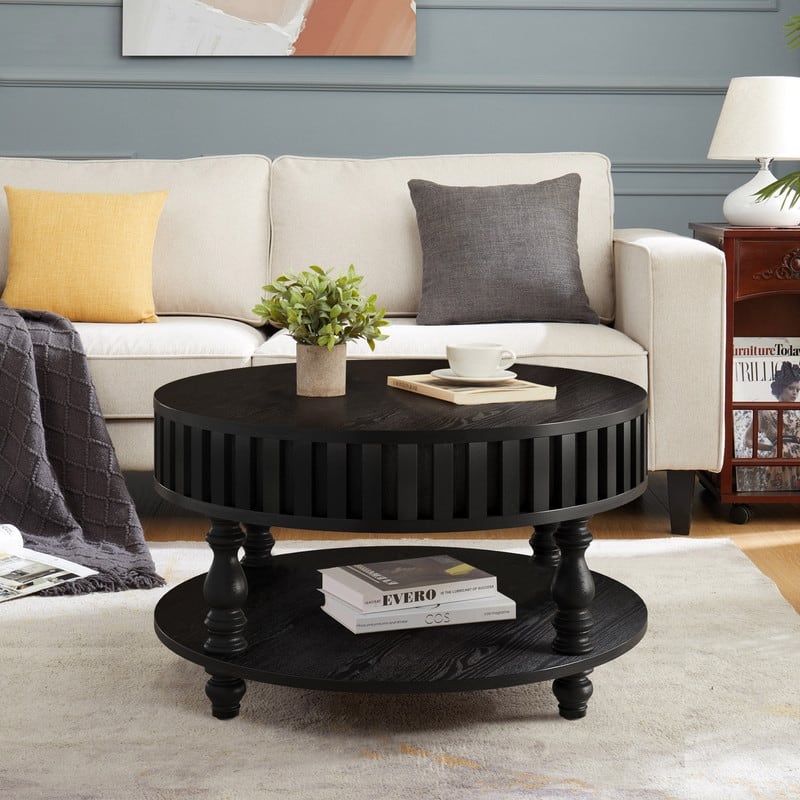 Farmhouse 31.49" Round Coffee Table with Storage and Flip-Top Lids for Rustic Living Room Organization and Style