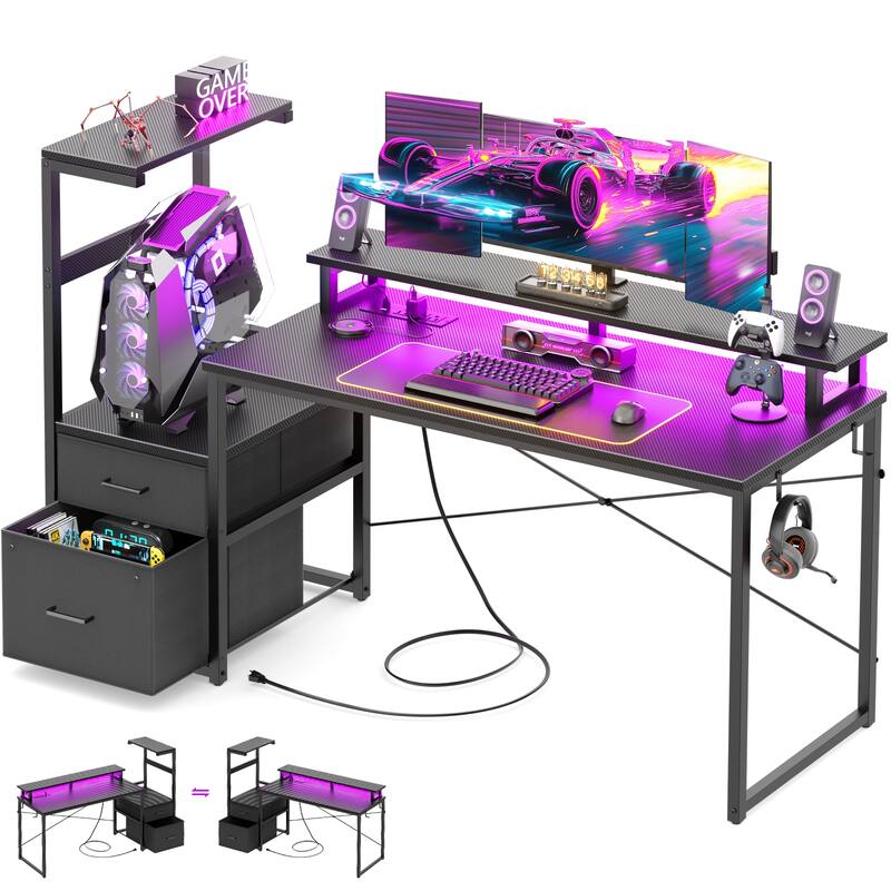 60'' Reversible Gaming Desk with Monitor Stand & Fabric Drawers，Home Office Computer Desk with RGB LED Strip & Power Outlets