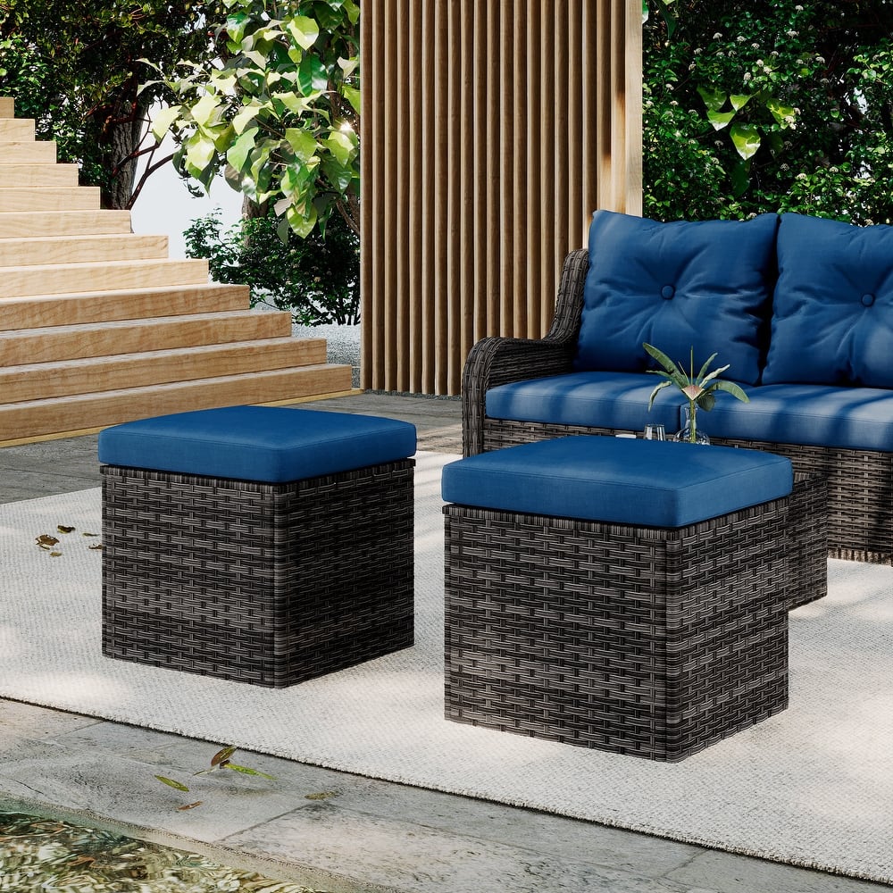 Outdoor Patio PE Wicker Ottoman with Cushion Set of 2