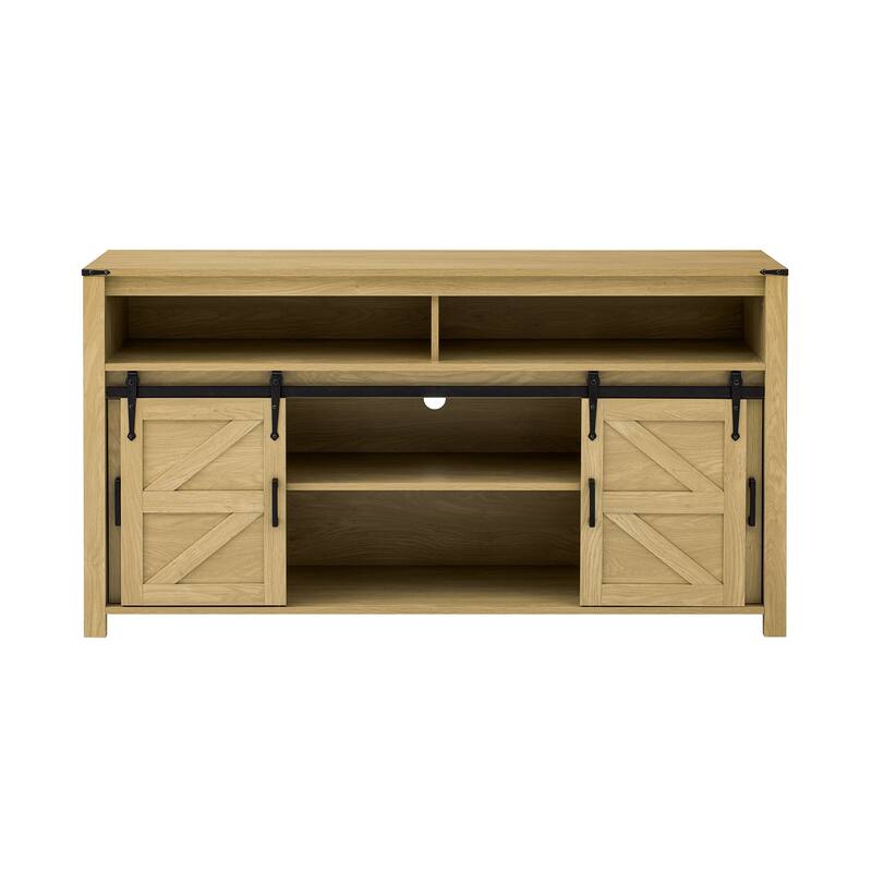 Sideboard Buffet Cabinet with Sliding Barn Doors & Open Shelf, Coffee Bar Storage Cabinet with Mesh Doors & Adjustable Shelf