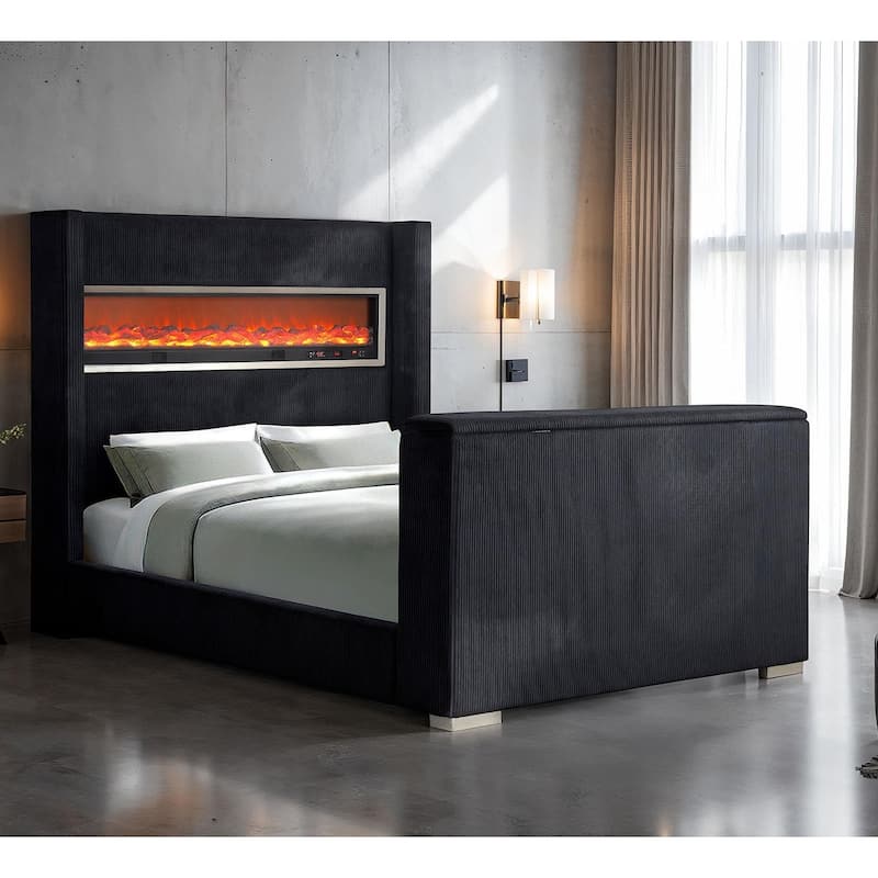 Contemporary Black 3D Fireplace Wingback USB Bluetoth Audio 1PC Bed