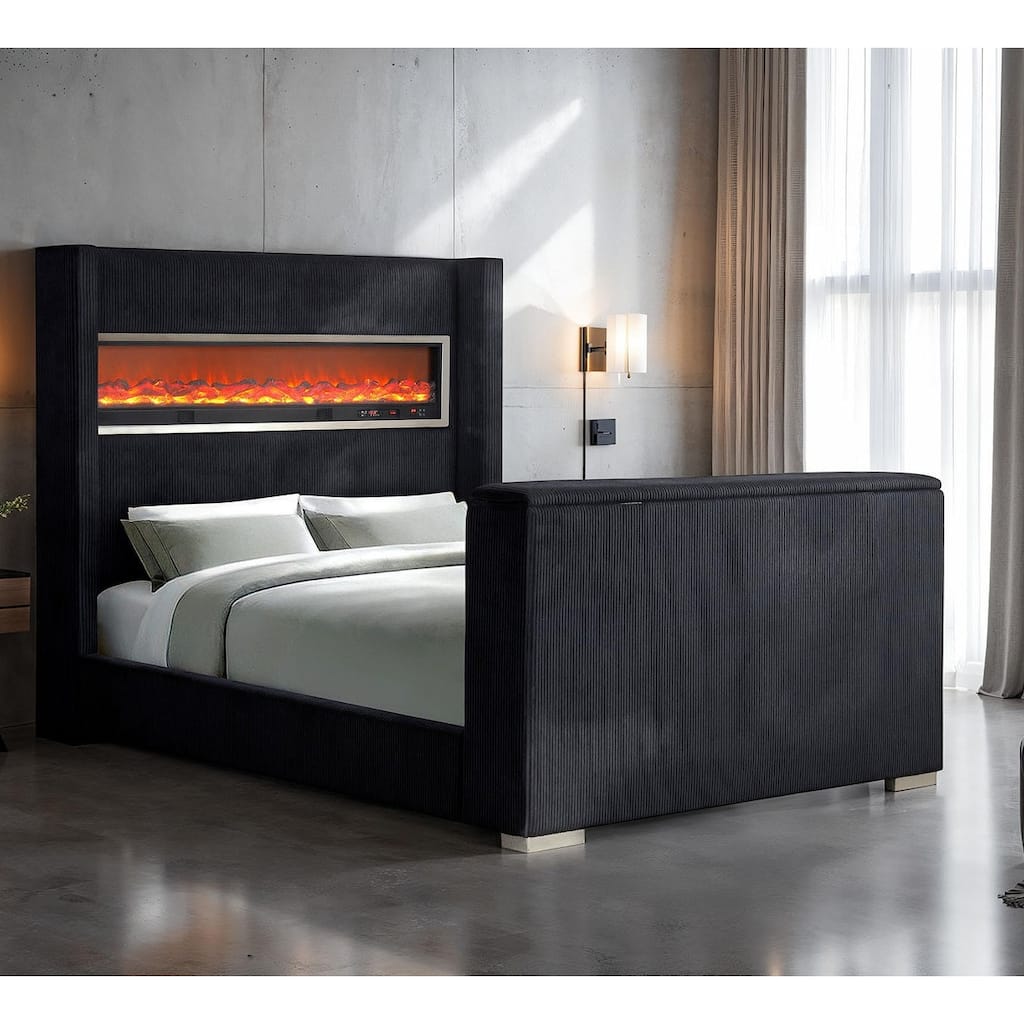 Contemporary Black 3D Fireplace Wingback USB Bluetoth Audio 1PC Bed