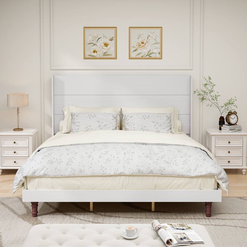 King Platform Bed with Elegant High Headboard & Comfortable Back - White