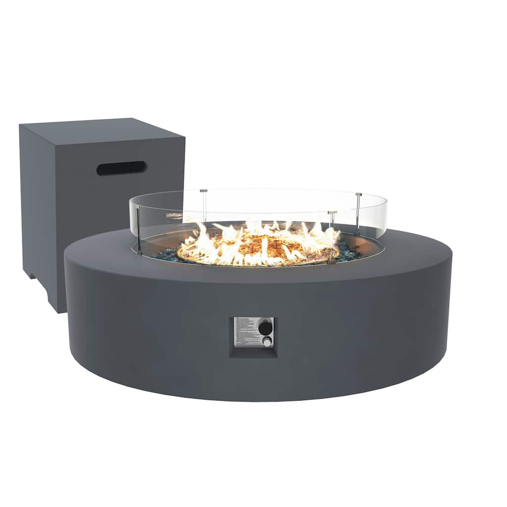 Patio Watcher 42'' Round Patio Propane Gas Concrete Fire Pit Table, 50000 BTU with Wind Guard and Gas Tank Cover