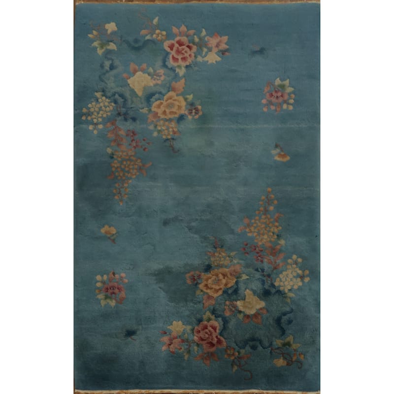 Hand Knotted Oriental 100% Wool Carpet Traditional Floral Green Art Deco Area Rug - 4' 11'' X 3' 1''