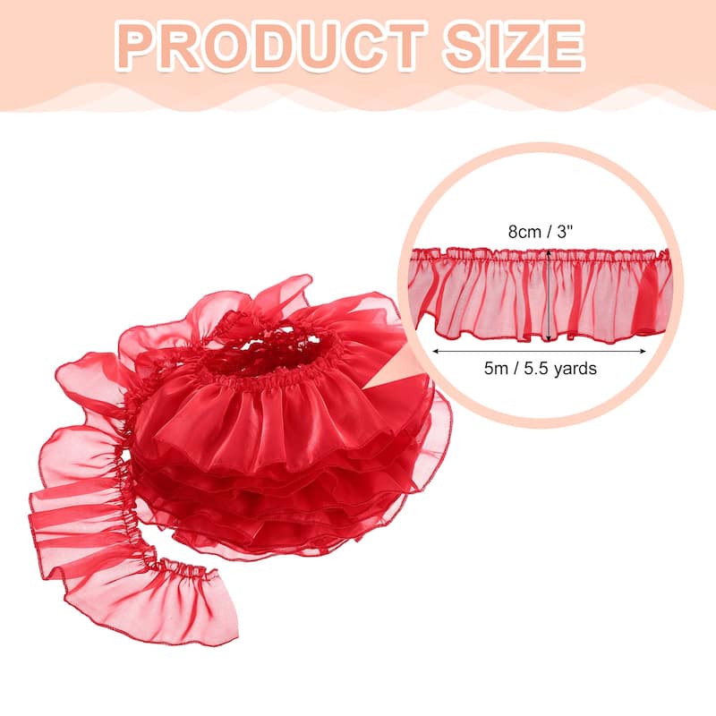 Ruffle Lace Ribbon Trim Pleated Lace Fabric Trim 5.5 Yard - Red