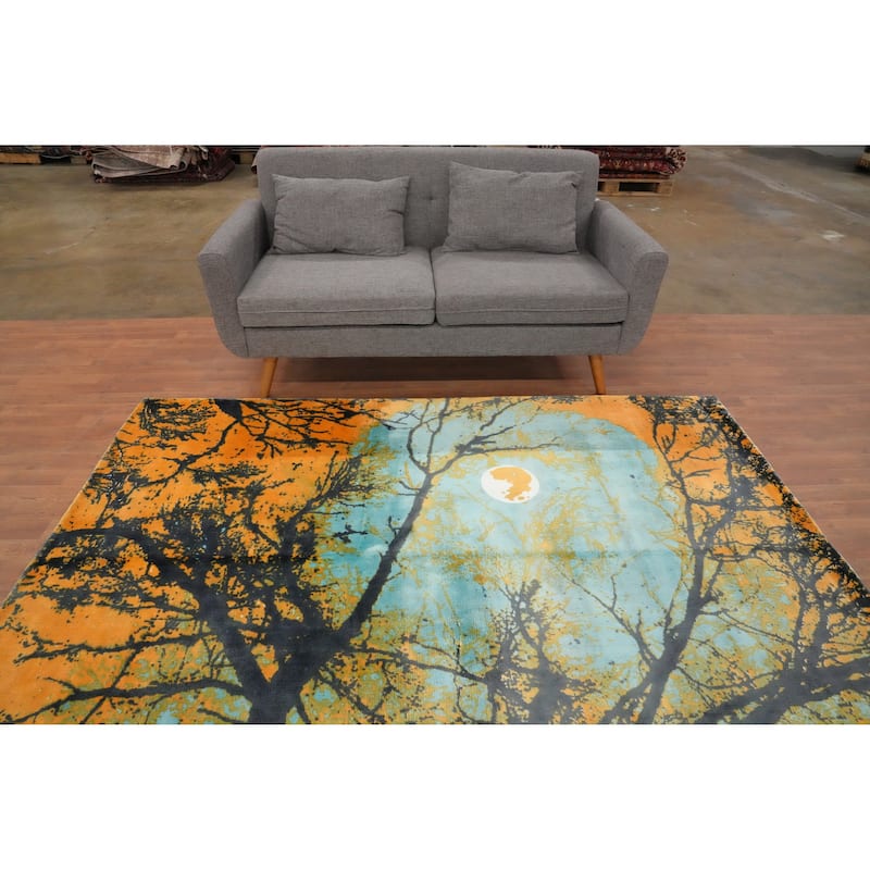 Hand Knotted Oriental Viscose Silk Carpet Modern Pictorial Multi-Colored Abstract Area Rug - 7' 8'' X 5' 7''
