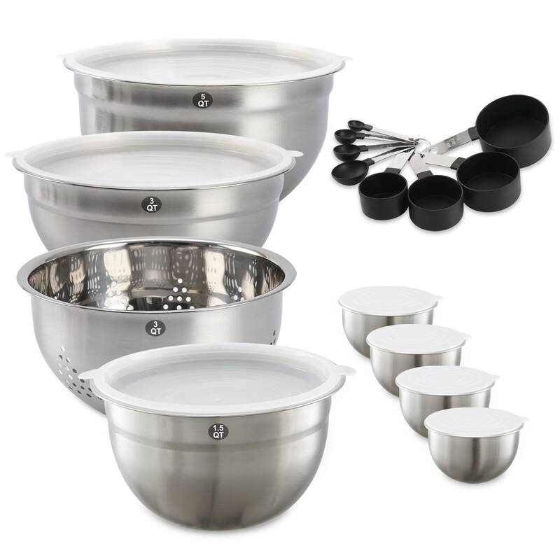 23pcs Stainless Steel Mixing Bowl Set with Airtight Lids 1.5QT 3QT 5QT - Silver