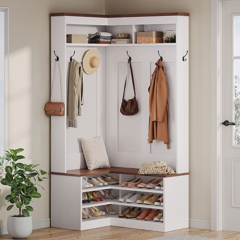 Moasis Modern Hall Tree with Shoes Storage Bnech Corner Coat Rack w/6 Hooks for Entryway - White