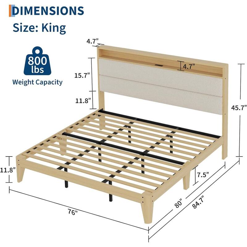 Bed Frame with LED Light, Storage Headboard and Charging Station