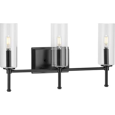 Elara Collection Three-Light Matte Black Clear Glass New Traditional Bath Vanity Light - 22.125 in x 5.12 in x 11.5 in