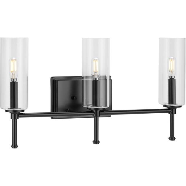 Elara Collection Three-Light Matte Black Clear Glass New Traditional Bath Vanity Light - 22.125 in x 5.12 in x 11.5 in - 22.125 in x 5.12 in x 11.5 in