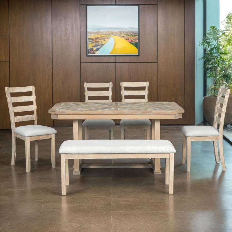 6-Piece Rubber Wood Dining Table Set with Beautiful Wood Grain Pattern Tabletop Solid Wood Veneer and Soft Cushion