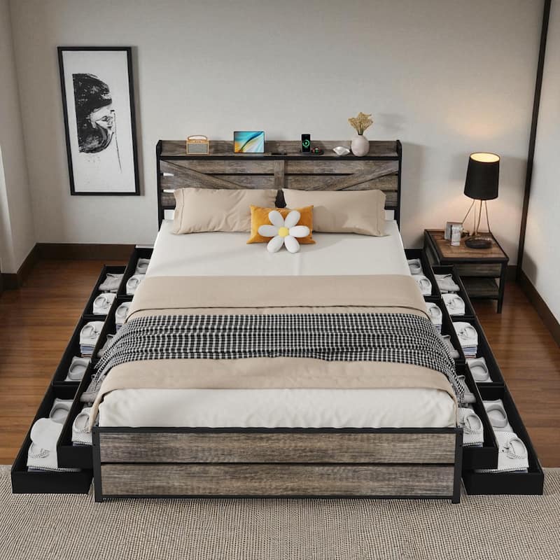 Queen/King Bed Frame with Storage Headboard, 12 Drawers, LED Lights, Charging Station, Metal Platform with Strong Slats Support - Oak - Queen
