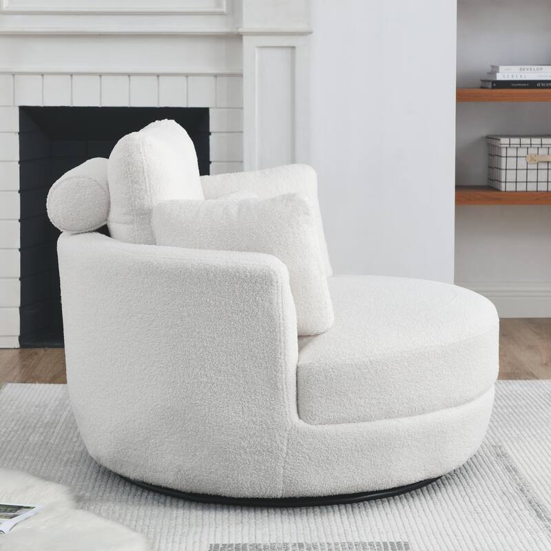 Oversized Teddy Fabric Swivel Barrel Chair with Moon Ottoman & 4 Pillows