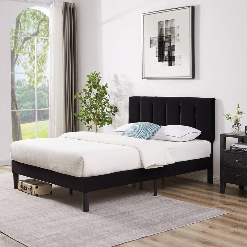 Upholstered Velvet Upholstered Bed Frame with Adjustable Height Headboard No Box Spring Needed Platform Bed Under Bed Storage