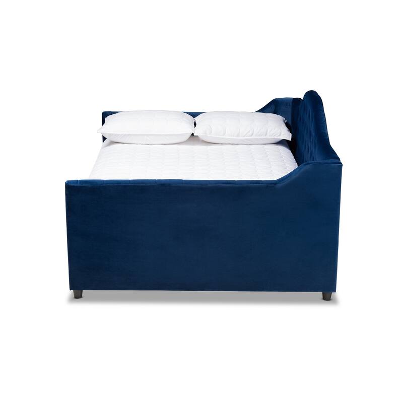 Full Size Daybed with Trundle - Navy Blue Velvet Upholstered Modern Design - Space Saving Furniture