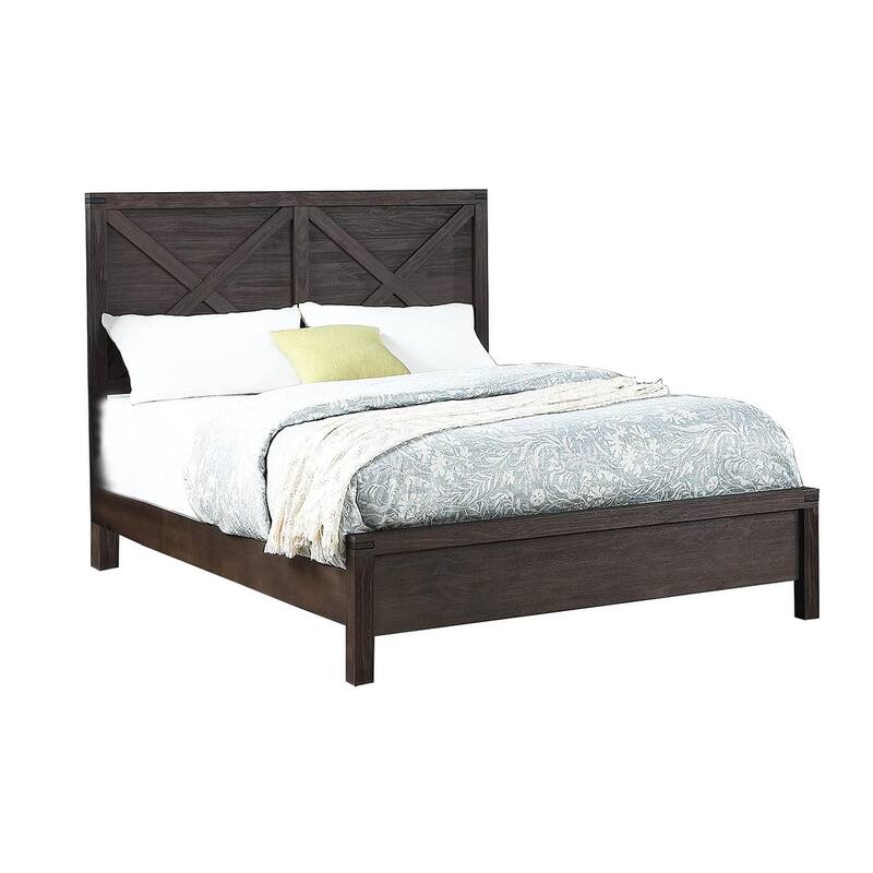 Queen Size Wood Panel Bed with X-Design Headboard and Rustic Contemporary Style