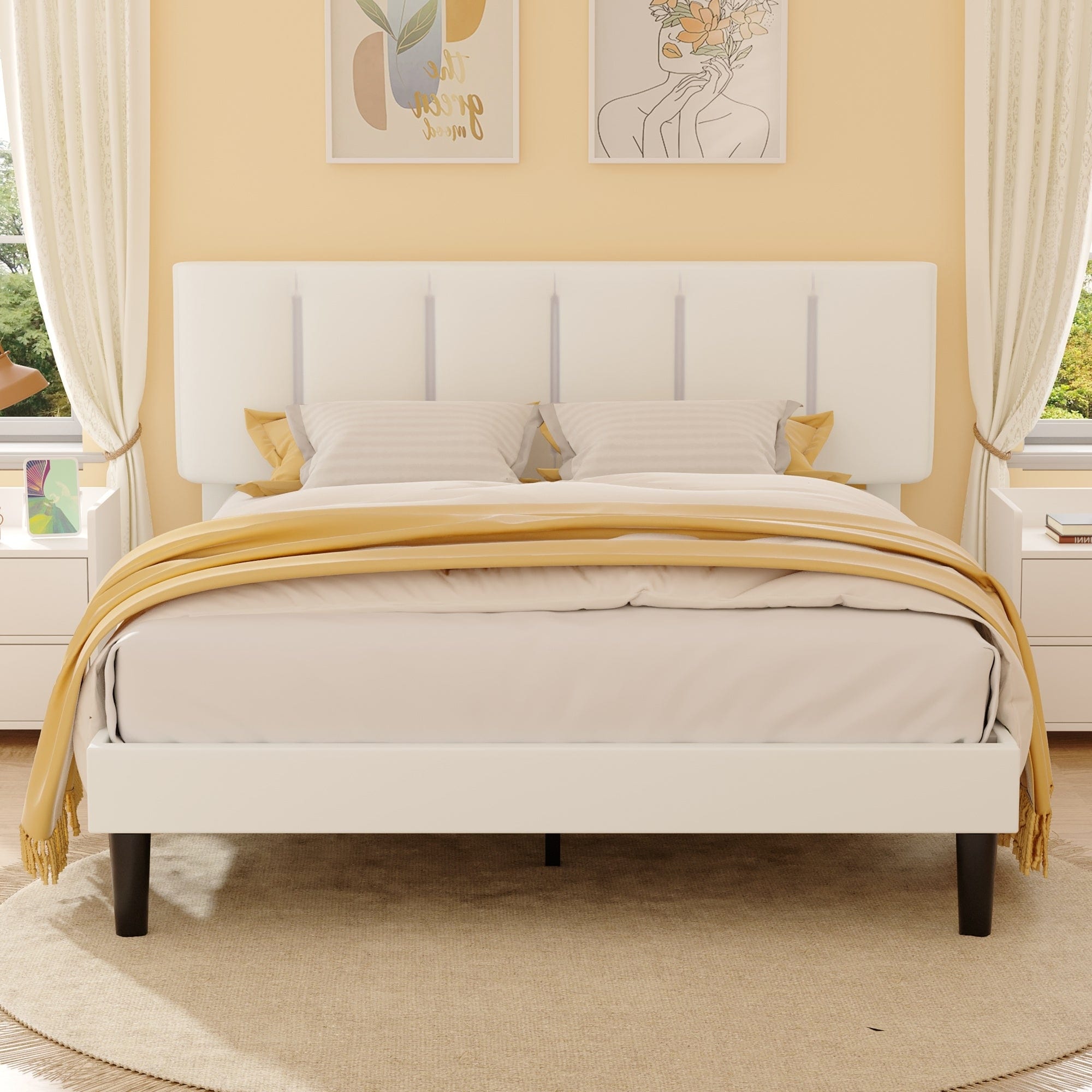 VECELO Upholstered Platform Bed Frame with Velvet Adjustable Headboard No Box Spring Needed & Wooden Slat Support