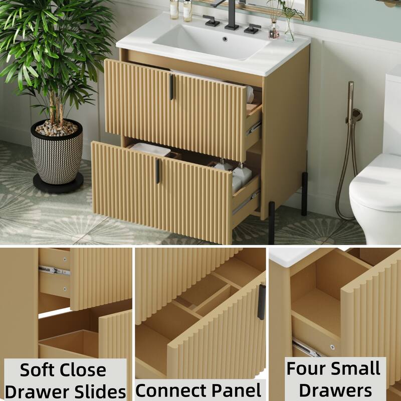 30" Bathroom Vanity with Ceramic Sink, Fluted Design, Full-Extension Drawers, Soft Close Drawer Slides