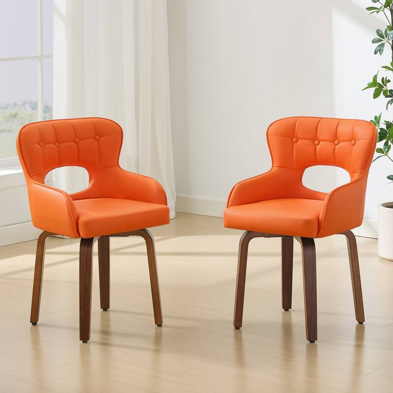 Faux Leather Upholstered Swivel Dining Chairs with Bentwood Legs - Orange