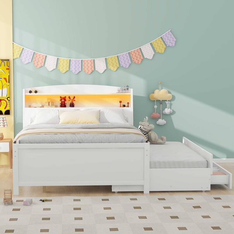 Platform Bed with Storage LED Headboard, Twin Size Trundle and 3 Drawers