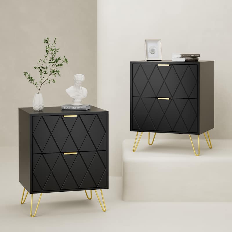 2 Drawers Nightstand Metal Legs End Side Table Bedside Table - Black 2Set