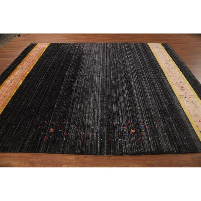 Striped Black Gabbeh Oriental Area Rug Hand-Knotted Silk Carpet - 8'2" x 9'8"
