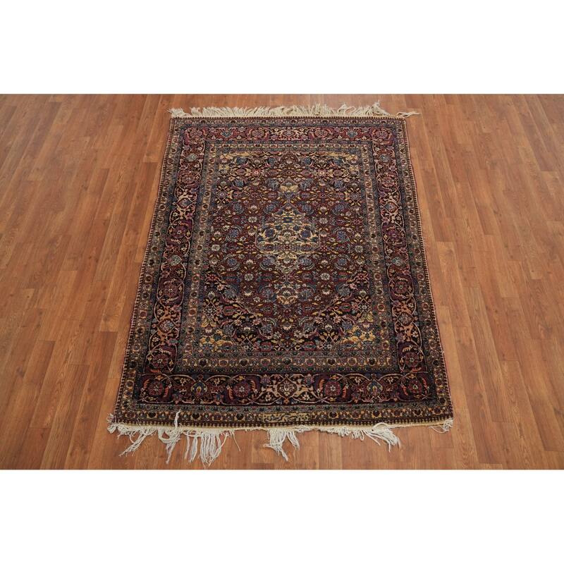 Hand Knotted Oriental 100% Wool Carpet Traditional Floral Red Mashad Area Rug - 5' 9'' X 4' 4''