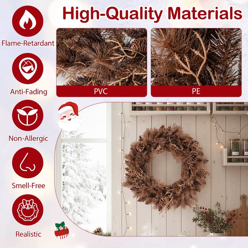 Costway 1/2 PCS 24" Pre-lit Christmas Wreath Front Door Artificial