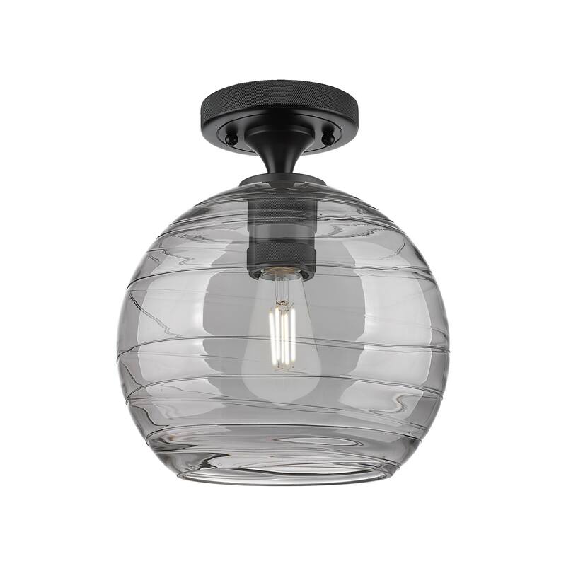 Innovations Lighting 434-1F-10-8 Crown Point Flush Mount Crown Point - Matte Black / Light Smoke Deco Swirl