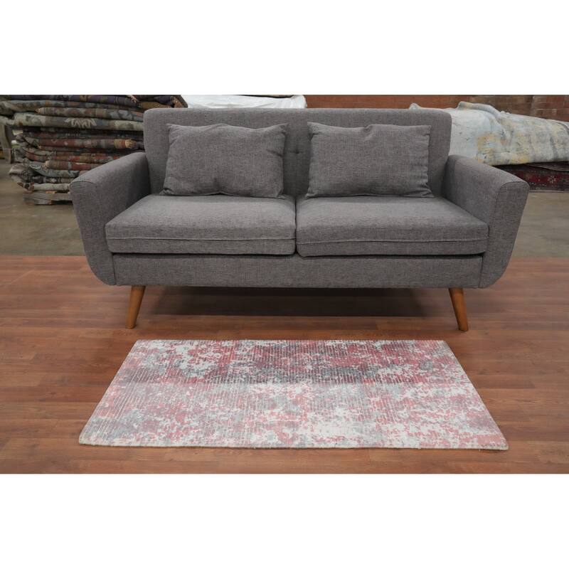 Hand Knotted Oriental Viscose Silk Carpet Modern All-Over Pink Abstract Area Rug - 4' 0'' X 2' 0''