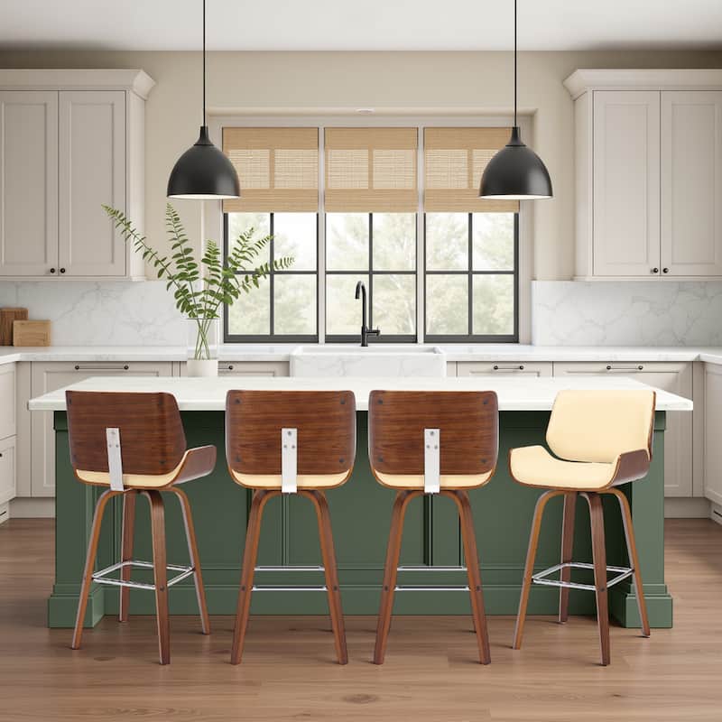 Tyler Mid-Century Swivel Bar Stool, Upholstered Counter Height Chair with Bentwood Legs - Set of 4 - Cream & Walnut - Counter Height