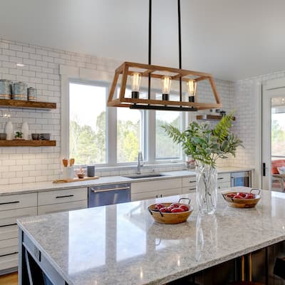 Modern Farmhouse 3-Light Wood Rectangle Chandelier Island Light for Dining Room - 23.5" L x 9.8" W x 8.5" H