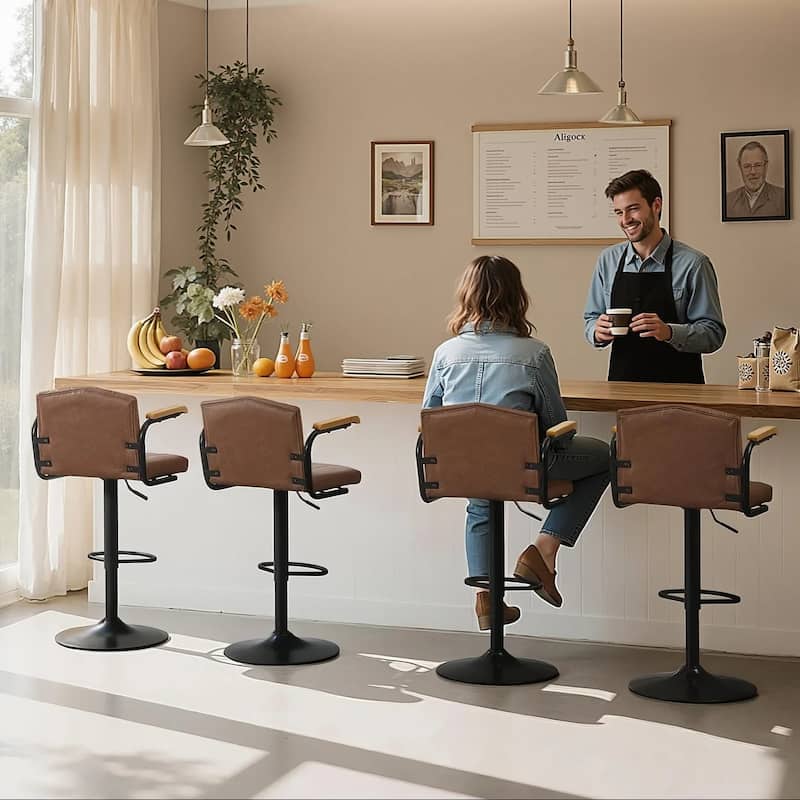 VECELO Bar Stool Set 2/4 Pack Brown PU Leather 360° Swivel Counter Stool with Adjustable Height Black Frame for Home Bar