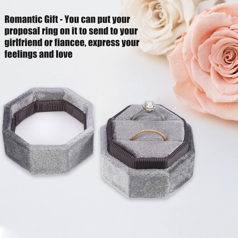 Velvet Ring Box, Double Ring Box 2 Slots Display Holder Jewelry Storage for Wedding - Dark Gray