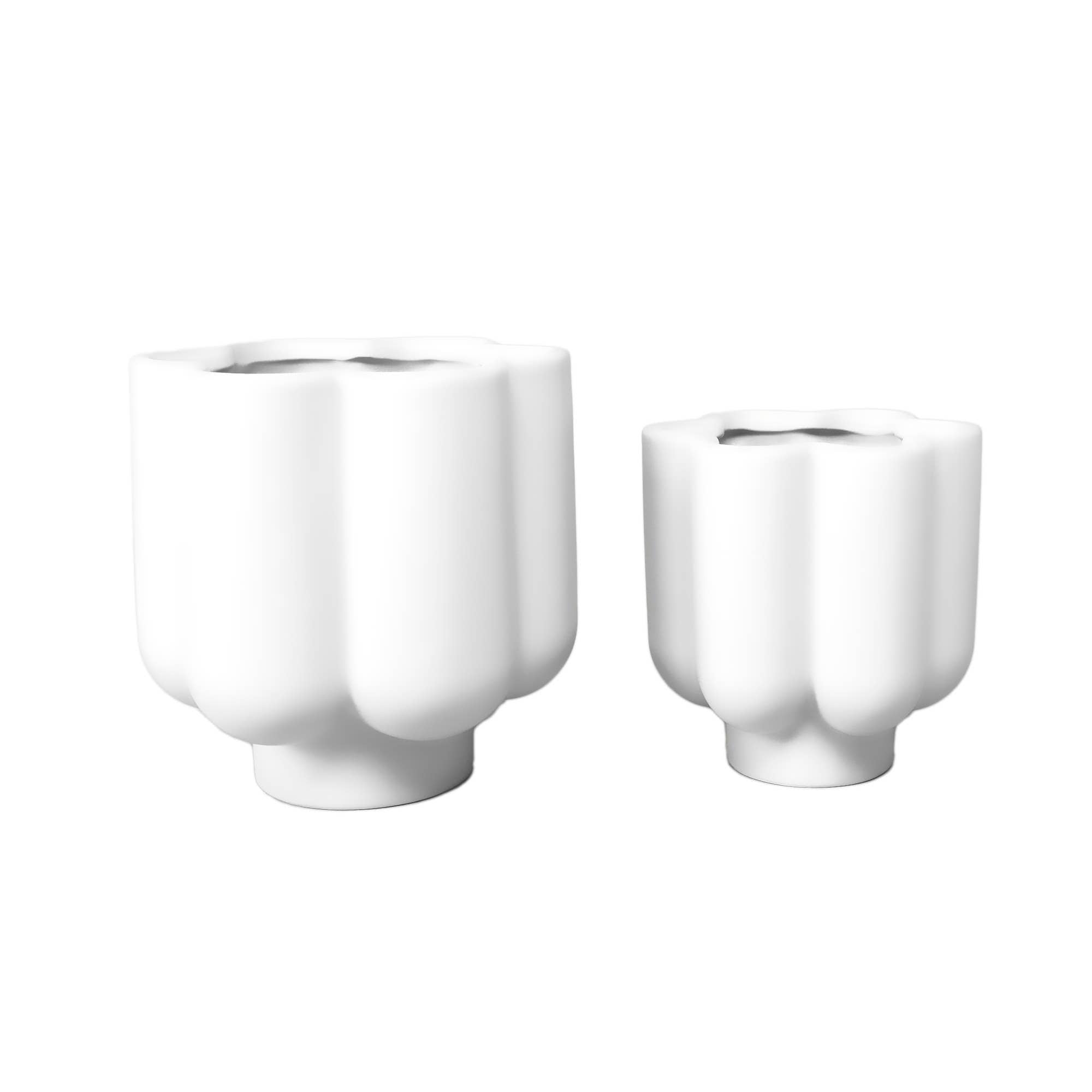 Set of 2, GLOSS WHITE 6.5"D & 5.25"D Ceramic Flower Planter