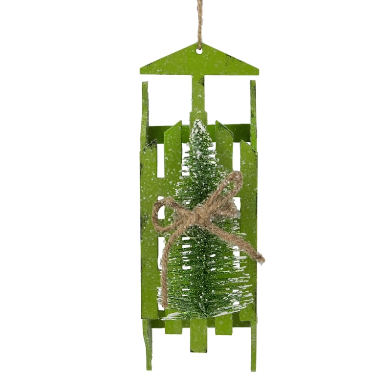 9-Inch Tree on Green Wood Sled Christmas Ornament - 9"