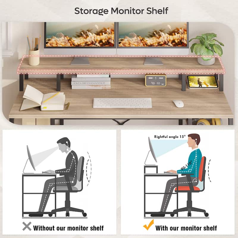 55 Inch Dual Monitor Computer Desk with Adjustable Shelves