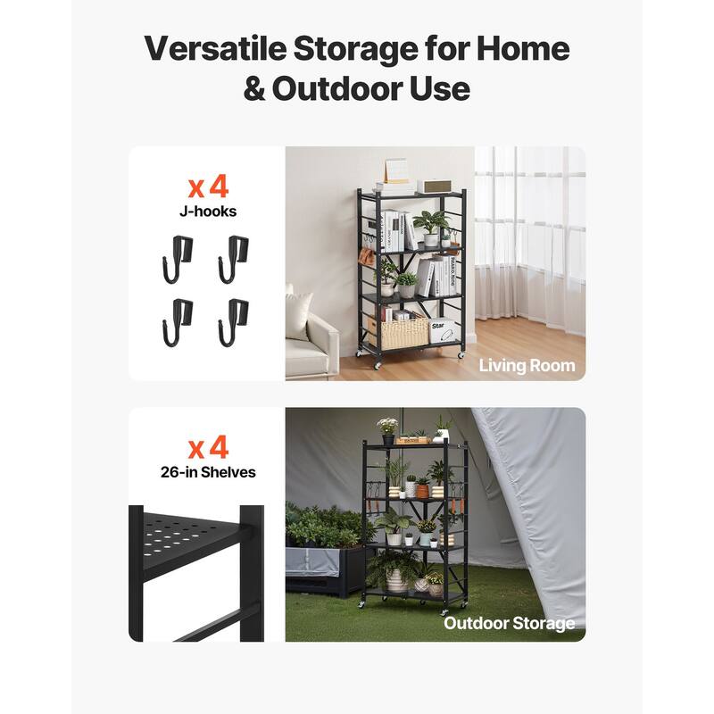 Black Carbon Steel 4 Tier Foldable Garage Storage Shelf with Wheels - 13 x 26 x 46 in