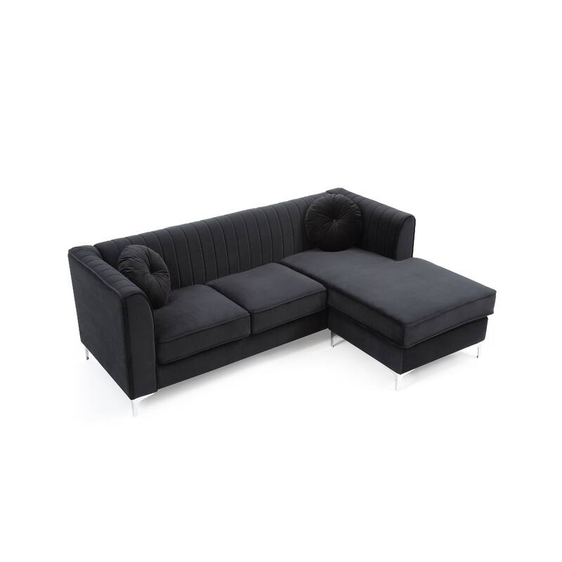 Channel Tufted Velvet L Shape Sectional Sofa with Throw Pillows - 87" - Black