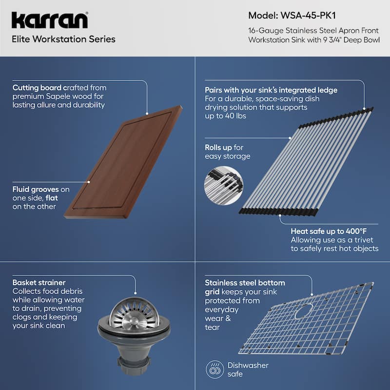 Karran 33" Undermount Large Single Bowl Stainless Steel Farmhouse Workstation Sink
