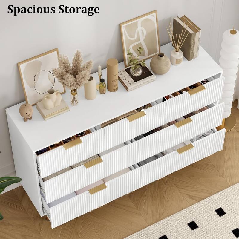 7 Drawer Dresser for Bedroom, Fluted Chest with Gold Handle, Wood Organizer for Closet, Living Room, Hallway