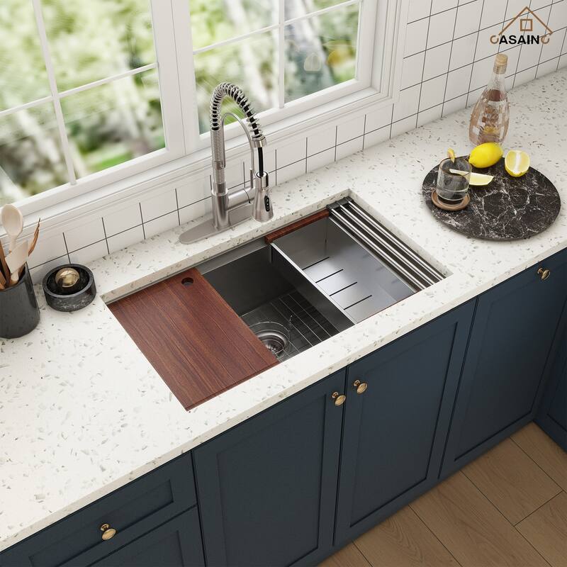 All-in-One Undermount Single Bowl 16 Gauge Nano Brushed Stainless Steel Workstation Kitchen Sink with Accessories and Faucet Set