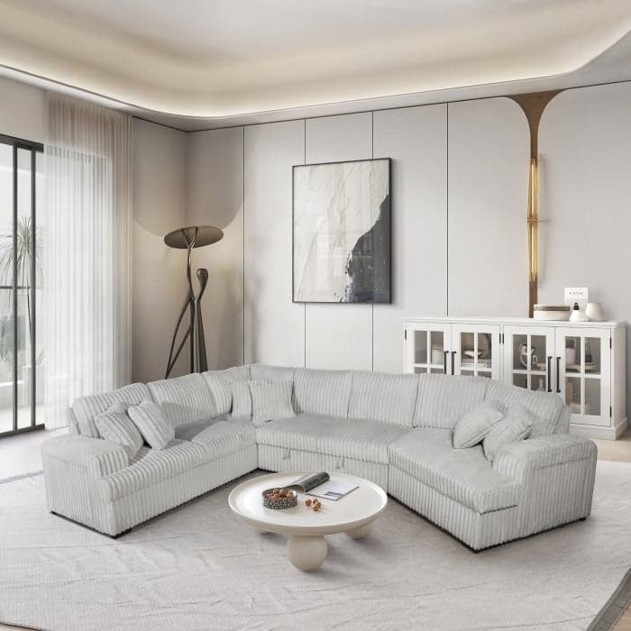 Modern Right Facing Half U-Shaped Pull Out Sectional Sofa with Storage Armrest, USB Port and Pillows - Beige