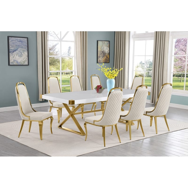 Best Quality Furniture D442/3-SC310-7 Dining Set with 94" White Lacquer Wood Top - 9-Piece - Cream / Gold