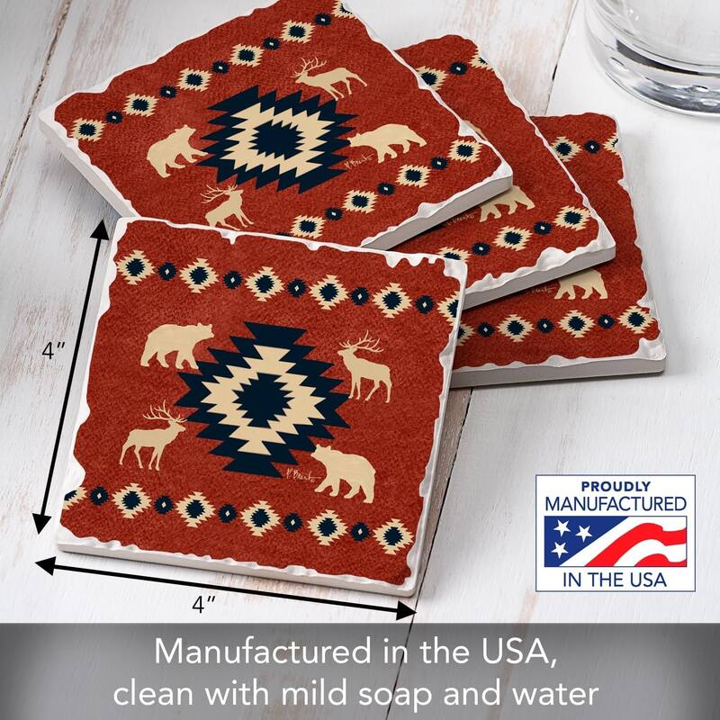 Aztec Lodge IV 4-Pack Absorbent Stone Coasters with Protective Cork Backing 4" Square Made in The USA Easily Wipes Clean